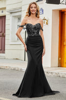 Load image into Gallery viewer, Off the Shoulder Black Sparkly Mermaid Formal Dress