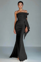 Load image into Gallery viewer, Queendancer Women Black Satin Formal Dress with Slit Sheath Strapless Ruched Long Evening Dress