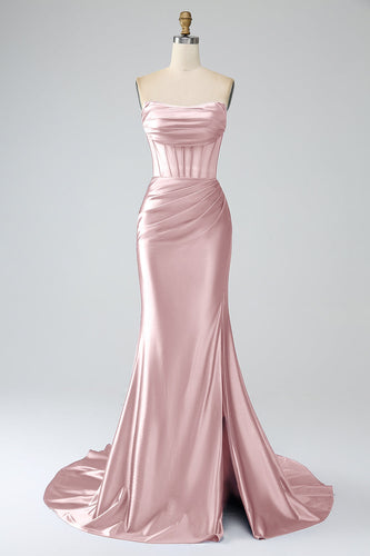 Blush Pink Satin Mermaid Strapless Corset Long Formal Dress with Slit