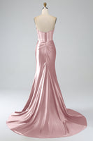 Load image into Gallery viewer, Blush Pink Satin Mermaid Strapless Corset Long Formal Dress with Slit