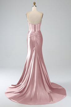 Blush Pink Satin Mermaid Strapless Corset Long Formal Dress with Slit