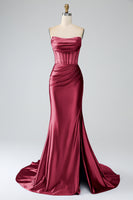 Load image into Gallery viewer, Blush Pink Satin Mermaid Strapless Corset Long Formal Dress with Slit