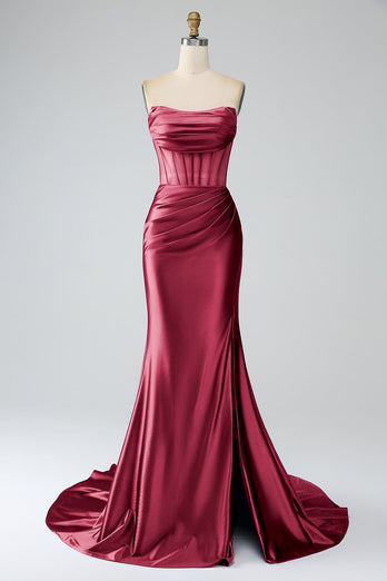 Blush Pink Satin Mermaid Strapless Corset Long Formal Dress with Slit