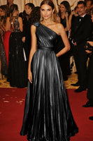 Load image into Gallery viewer, Golden Metallic Pleated One Shoulder A Line Long Formal Dress
