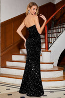 Load image into Gallery viewer, Black Strapless Sequins Long Mermaid Formal Dress With Slit