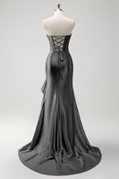 Load image into Gallery viewer, Sparkly Grey Blue Corset Long Satin Formal Dress with Ruffles Slit
