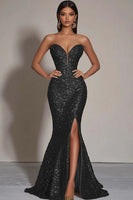Load image into Gallery viewer, Sparkly Gold Sweetheart Mermaid Long Sequin Formal Dress with Slit