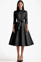 Load image into Gallery viewer, Blue Collar Neck Satin Tea Length A-Line Formal Dress with Bow