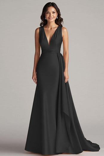Champagne Deep V-Neck Mermaid Satin Long Formal Dress