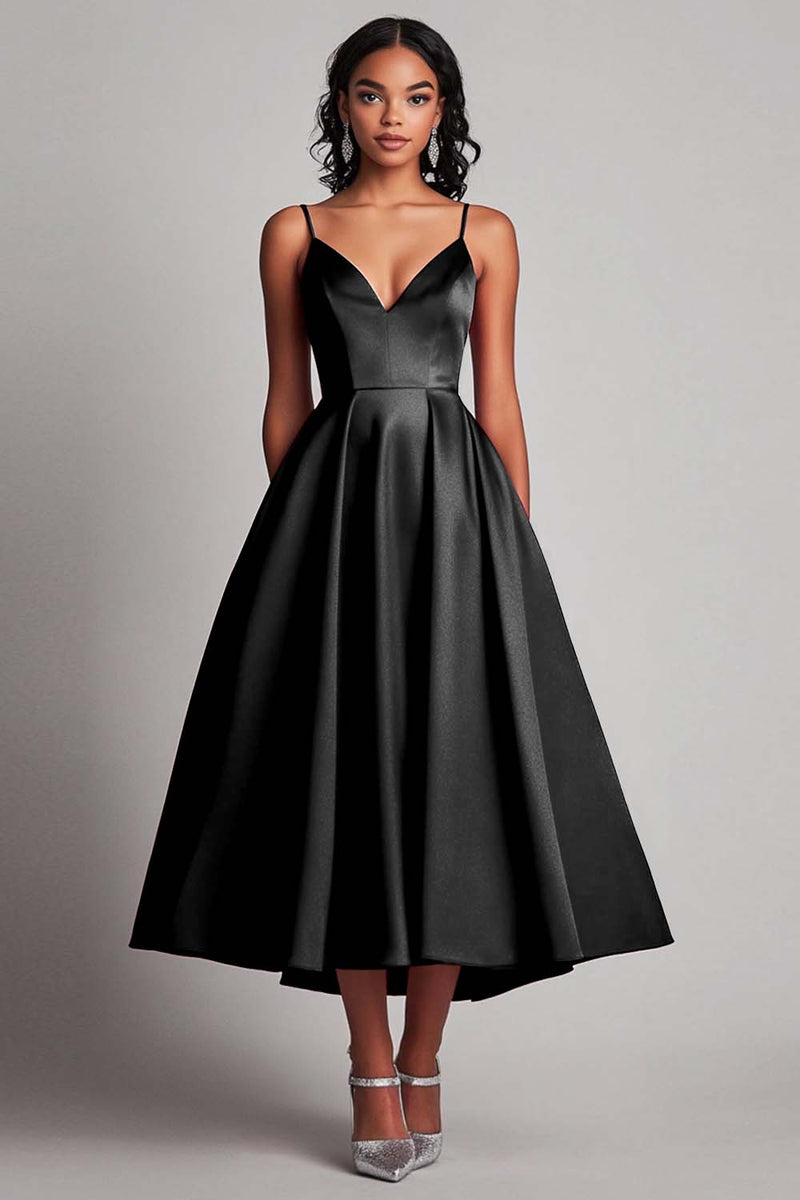 Load image into Gallery viewer, Red Spaghetti Straps Satin Tea Length Long Formal Dress