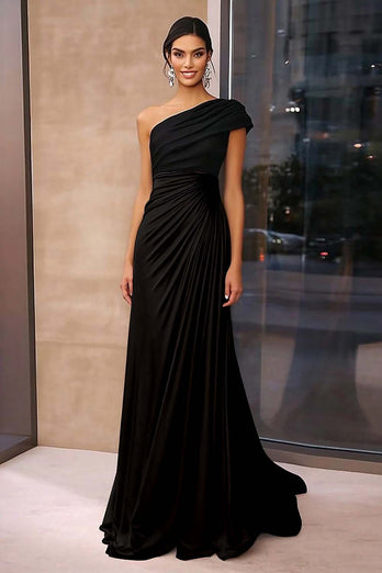 Black Brown Sheath One Shoulder Ruched Floor Length Formal Dress