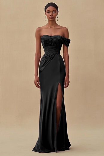 Purple Chiffon Ruched Off the Shoulder Long Formal Dress with Slit