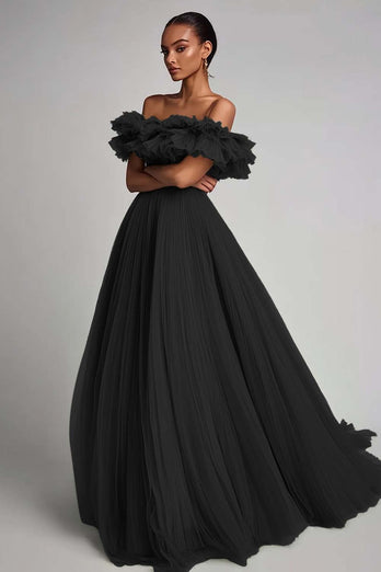 Dusty Sage Tulle A Line Off the Shoulder Long Formal Dress