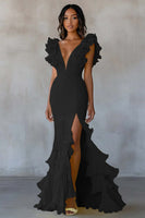 Load image into Gallery viewer, Yellow V-Neck Chiffon Long Mermaid Ruffled Formal Dress with Slit
