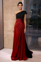 Load image into Gallery viewer, Black Brown Sheath One Shoulder Ruched Floor Length Formal Dress