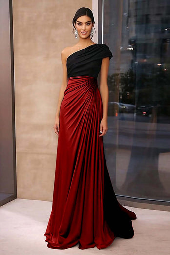 Black Brown Sheath One Shoulder Ruched Floor Length Formal Dress