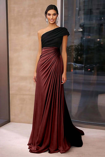 Black Brown Sheath One Shoulder Ruched Floor Length Formal Dress