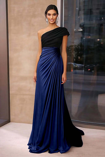 Black Brown Sheath One Shoulder Ruched Floor Length Formal Dress