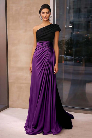 Black Brown Sheath One Shoulder Ruched Floor Length Formal Dress
