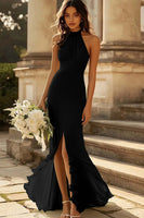 Load image into Gallery viewer, Queendancer Women Black Sheath Chiffon Maxi Formal Dress with Slit Halter Pleated Halter Neck Long Weeding Guest Dress