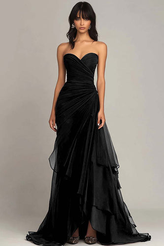 Black Sweetheart Sheath Tiered Long Formal Dress