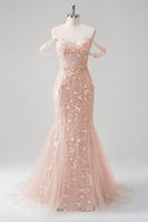 Load image into Gallery viewer, Blue Mermaid Off the Shoulder Corset Formal Dress with Appliques