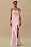 Load image into Gallery viewer, Purple Chiffon Ruched Off the Shoulder Long Formal Dress with Slit