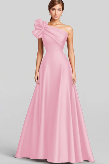 Navy One Shoulder Satin Ruched A Line Long Formal Dress