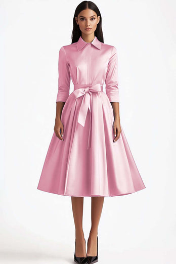 Blue Collar Neck Satin Tea Length A-Line Formal Dress with Bow