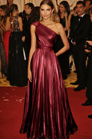 Load image into Gallery viewer, Golden Metallic Pleated One Shoulder A Line Long Formal Dress