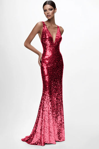 Sparkly Silver Sequin Mermaid Deep V-Neck Long Formal Dress