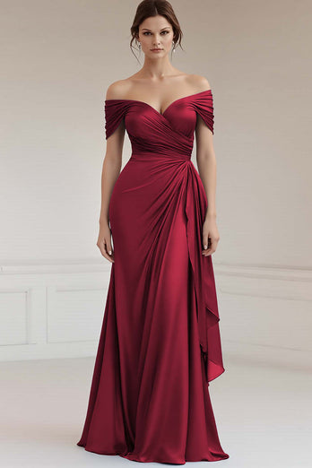 Grey Blue Off the Shoulder Sheath Satin Long Formal Dress