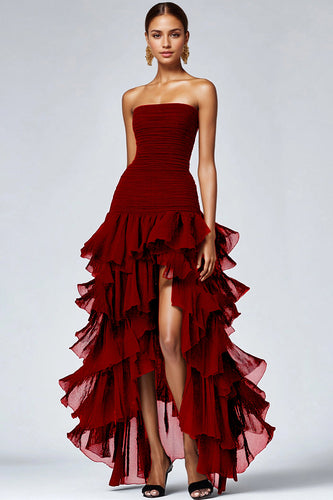 Simple Burgundy Strapless Tiered Long Formal Dress with Slit