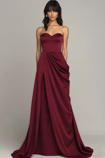 Peacock Satin A Line Strapless Long Formal Dress with Slit