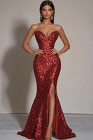 Load image into Gallery viewer, Sparkly Gold Sweetheart Mermaid Long Sequin Formal Dress with Slit
