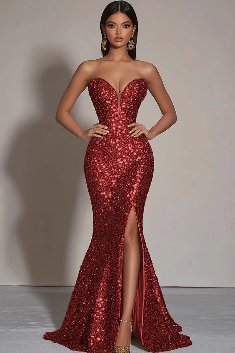 Load image into Gallery viewer, Sparkly Gold Sweetheart Mermaid Long Sequin Formal Dress with Slit