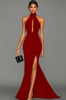 Load image into Gallery viewer, Black Halter Neck Satin Mermaid Formal Dress with Slit