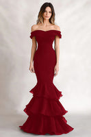 Load image into Gallery viewer, Black Off the Shoulder Mermaid Tiered Long Formal Dress