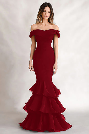 Black Off the Shoulder Mermaid Tiered Long Formal Dress