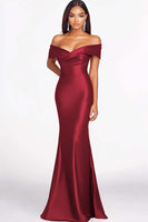 Load image into Gallery viewer, Red Satin Off the Shoulder Mermaid Long Formal Dress