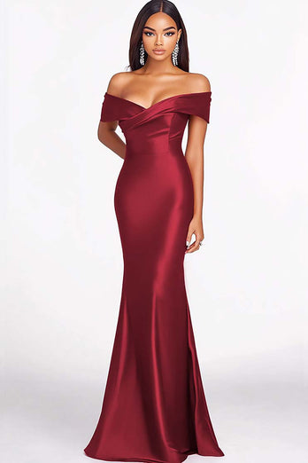Red Satin Off the Shoulder Mermaid Long Formal Dress