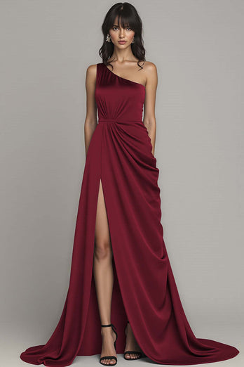 Black One Shoulder A Line Satin Ruched Long Formal Dress with Slit
