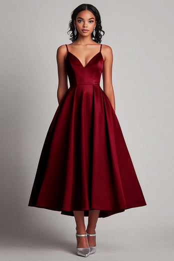 Red Spaghetti Straps Satin Tea Length Long Formal Dress