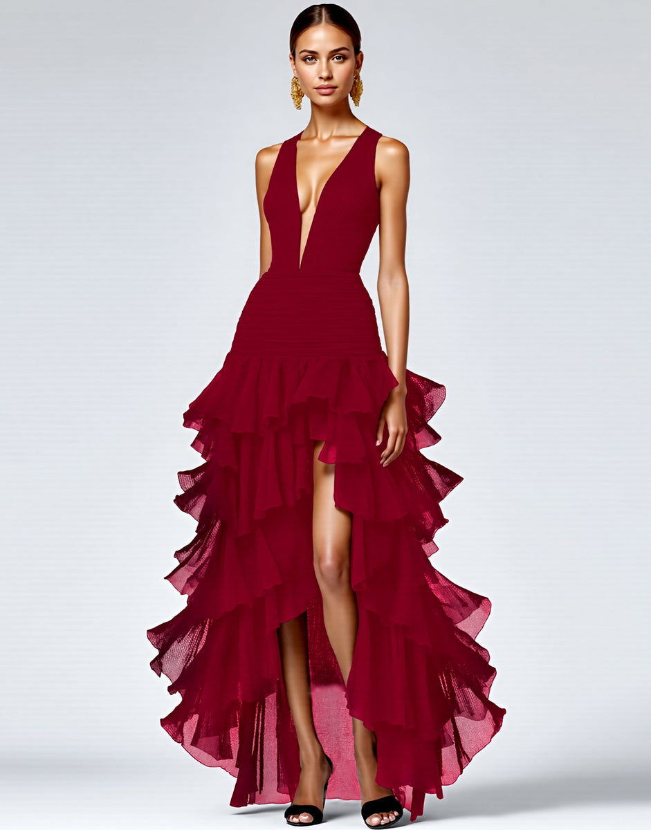 Load image into Gallery viewer, Royal Blue A Line V-Neck Ruffled Long Formal Dress with Slit