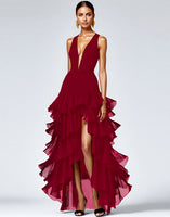 Load image into Gallery viewer, Black A Line Deep V-Neck Tiered Long Formal Dress with Slit