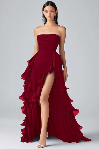 Black Chiffon A Line Tiered Strapless Formal Dress with Slit