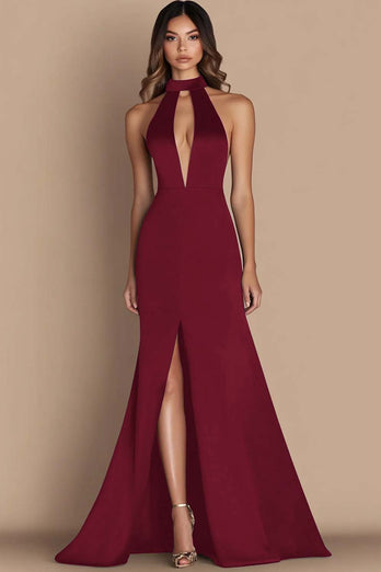 Black Halter Neck Satin Cut Out Mermaid Formal Dress with Slit