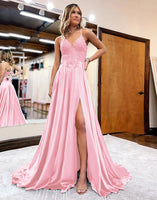 Load image into Gallery viewer, Dark Green Satin A-Line Appliques Formal Dress with Slit