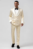 Load image into Gallery viewer, Glitter Champagne Shawl Lapel Jacquard 2 Piece Men&#39;s Prom Tuxedos with Belt