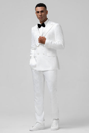 White Slim Fit Peak Lapel Jacquard Double Breasted 2 Piece Men's Formal Suits